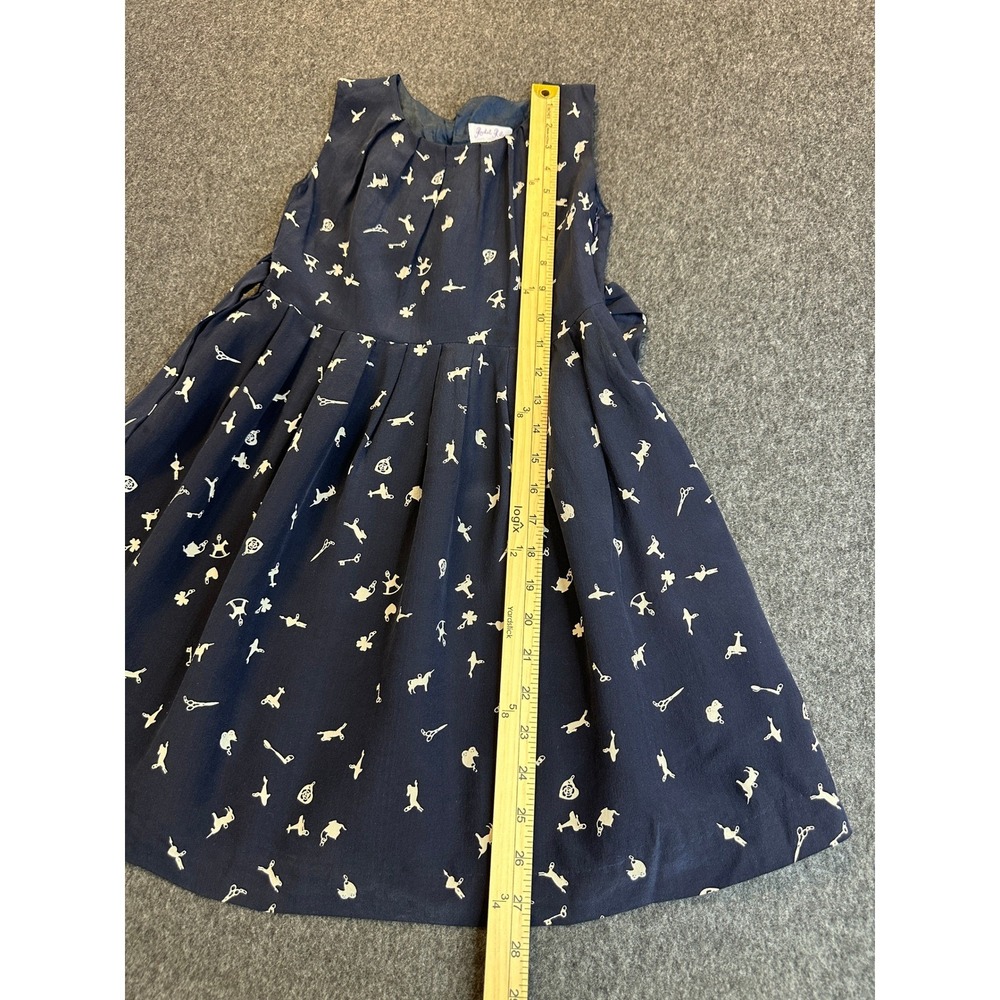 Rachel Riley Silk Dress Girls Size 7 Navy Toy Print Sleeveless Pleated Tie Waist - Picture 7 of 15